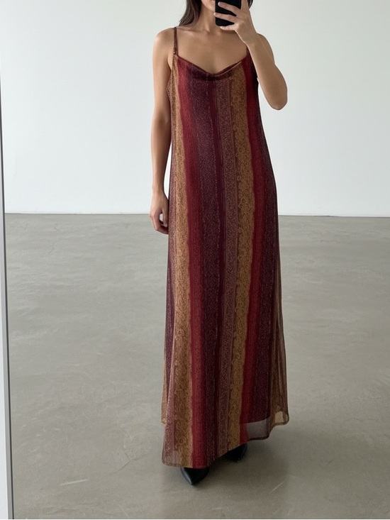 Vintage Dresses & Skirts - Vintage Y2K Boho Maxi Slip Dress Burgundy Gold Damask Scroll Stripe Mesh Size M